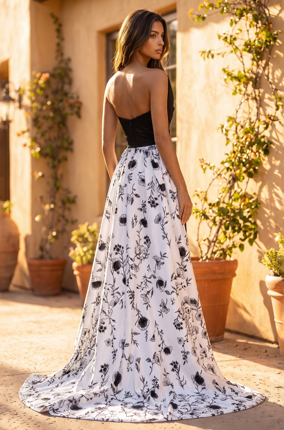 Asymmetric One-Shoulder Floral-Panel Floor-Length Gown – Black