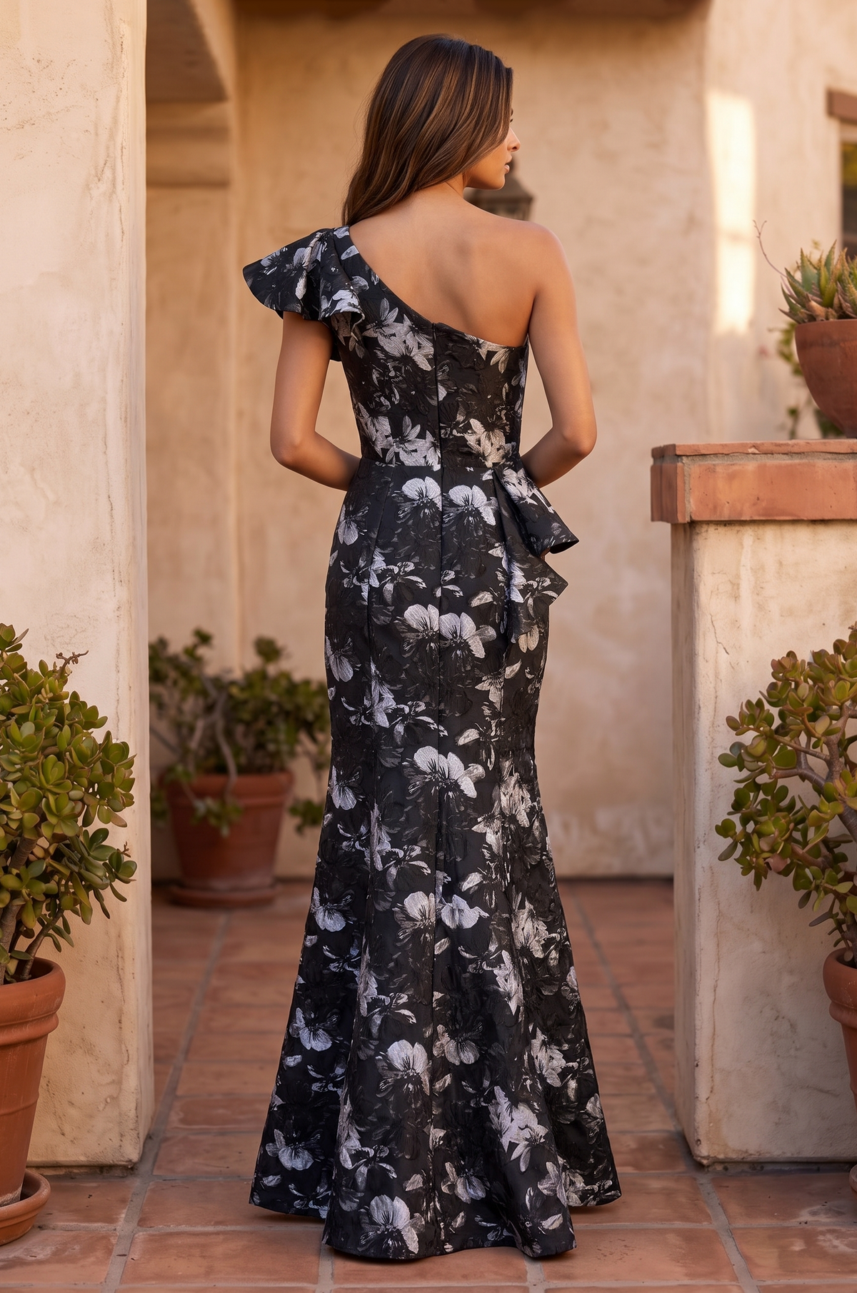 One Shoulder Ruffle Floral Print Evening Formal Dress – Black