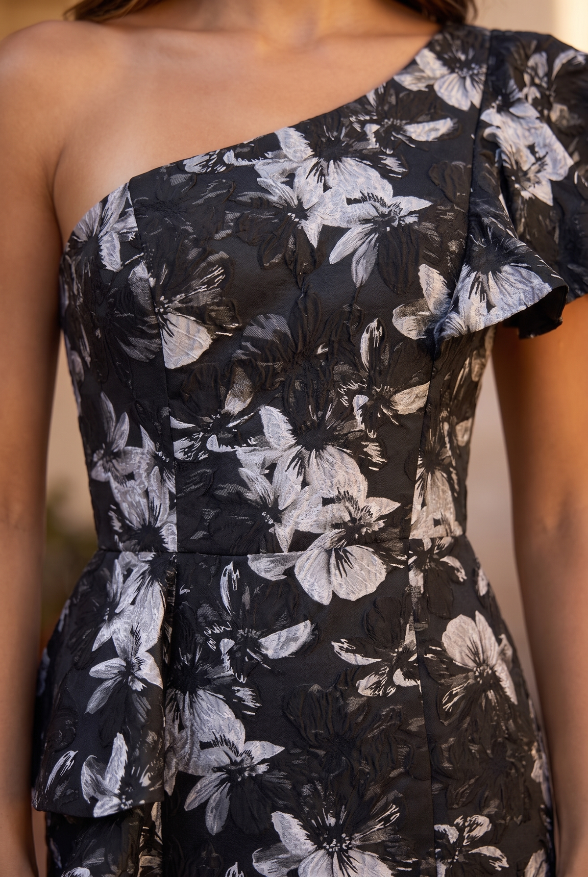 One Shoulder Ruffle Floral Print Evening Formal Dress – Black