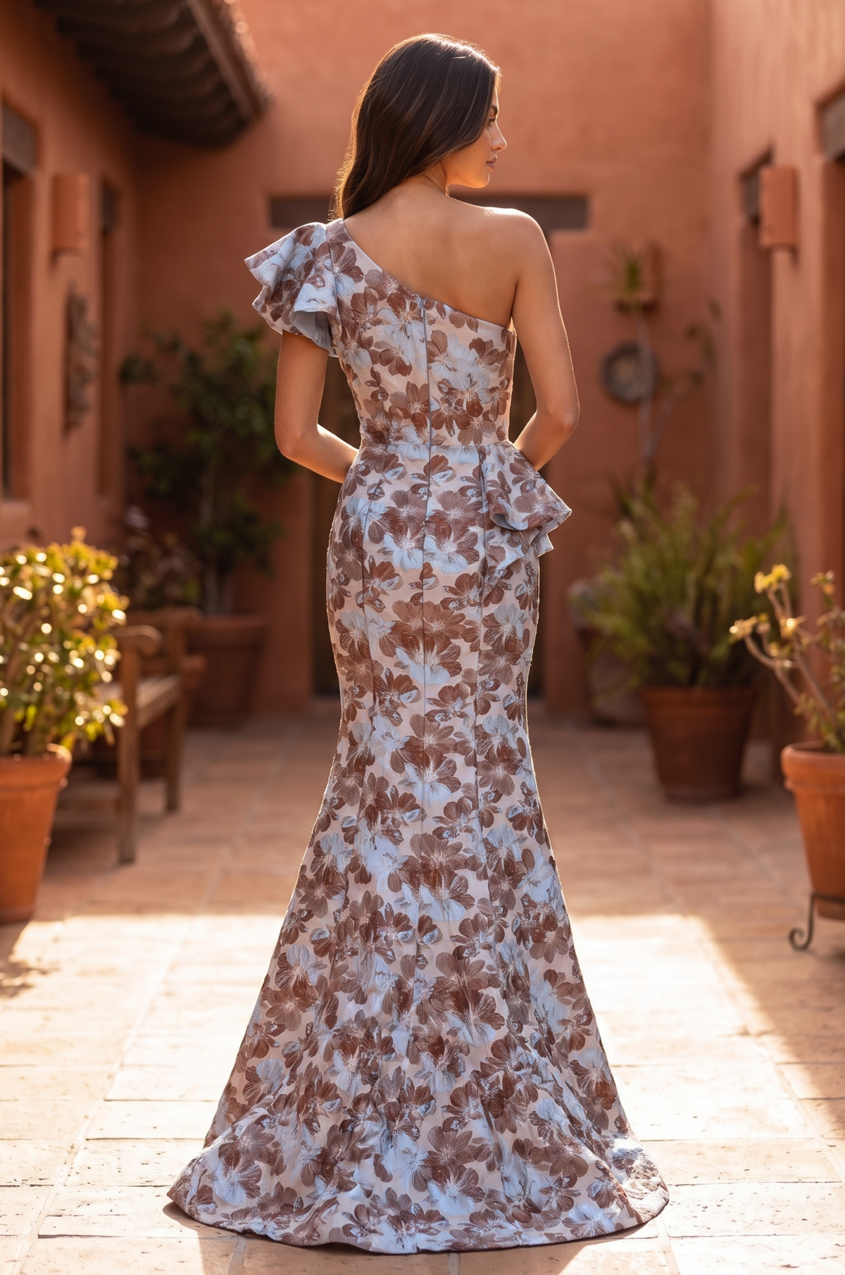 One Shoulder Ruffle Floral Print Evening Formal Dress – Black