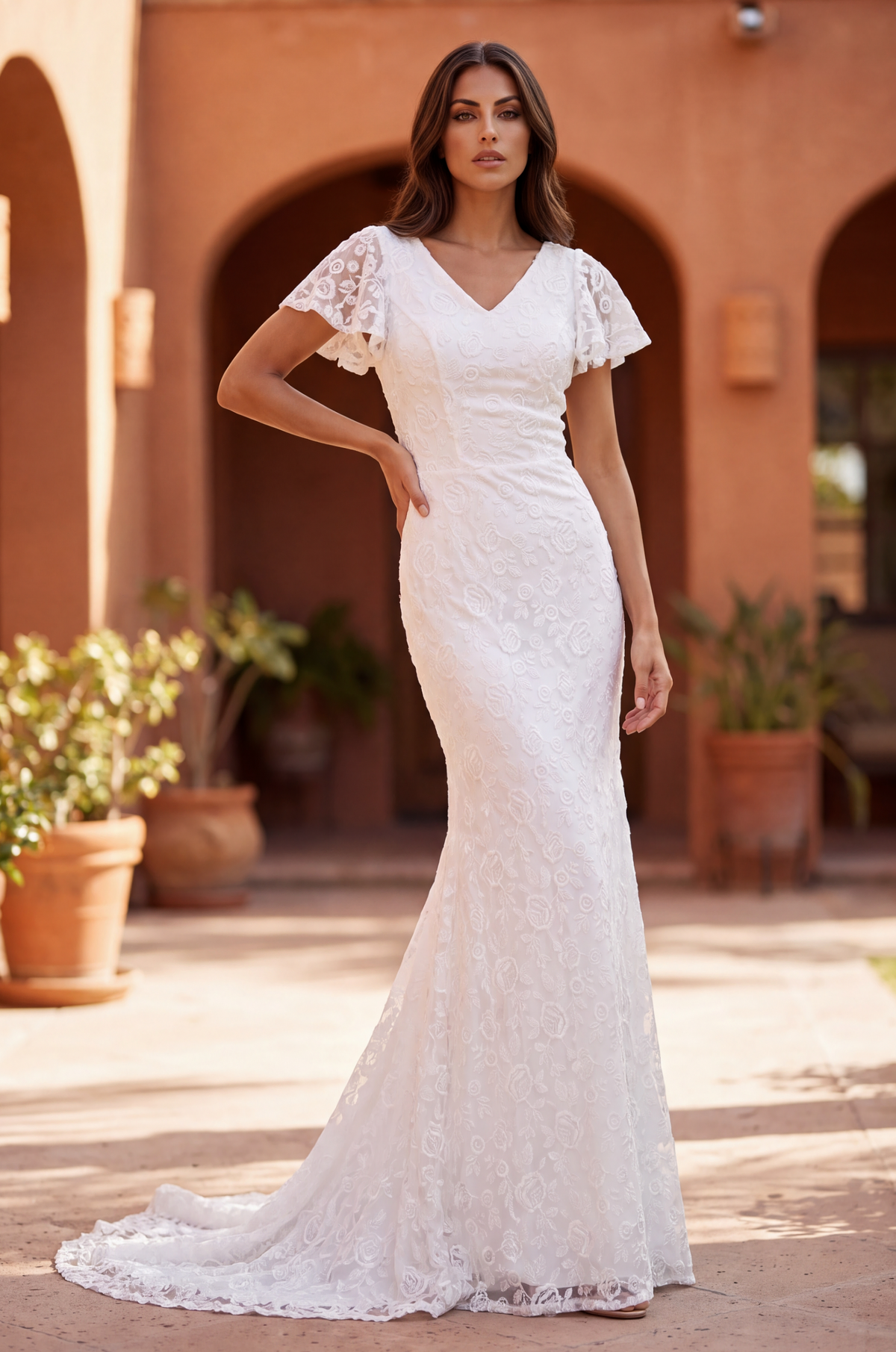 Short Sleeve Lace Wedding Dress – White
