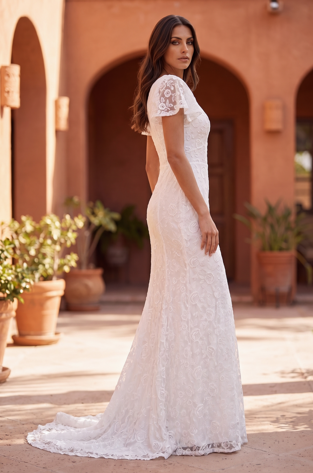 Short Sleeve Lace Wedding Dress – White