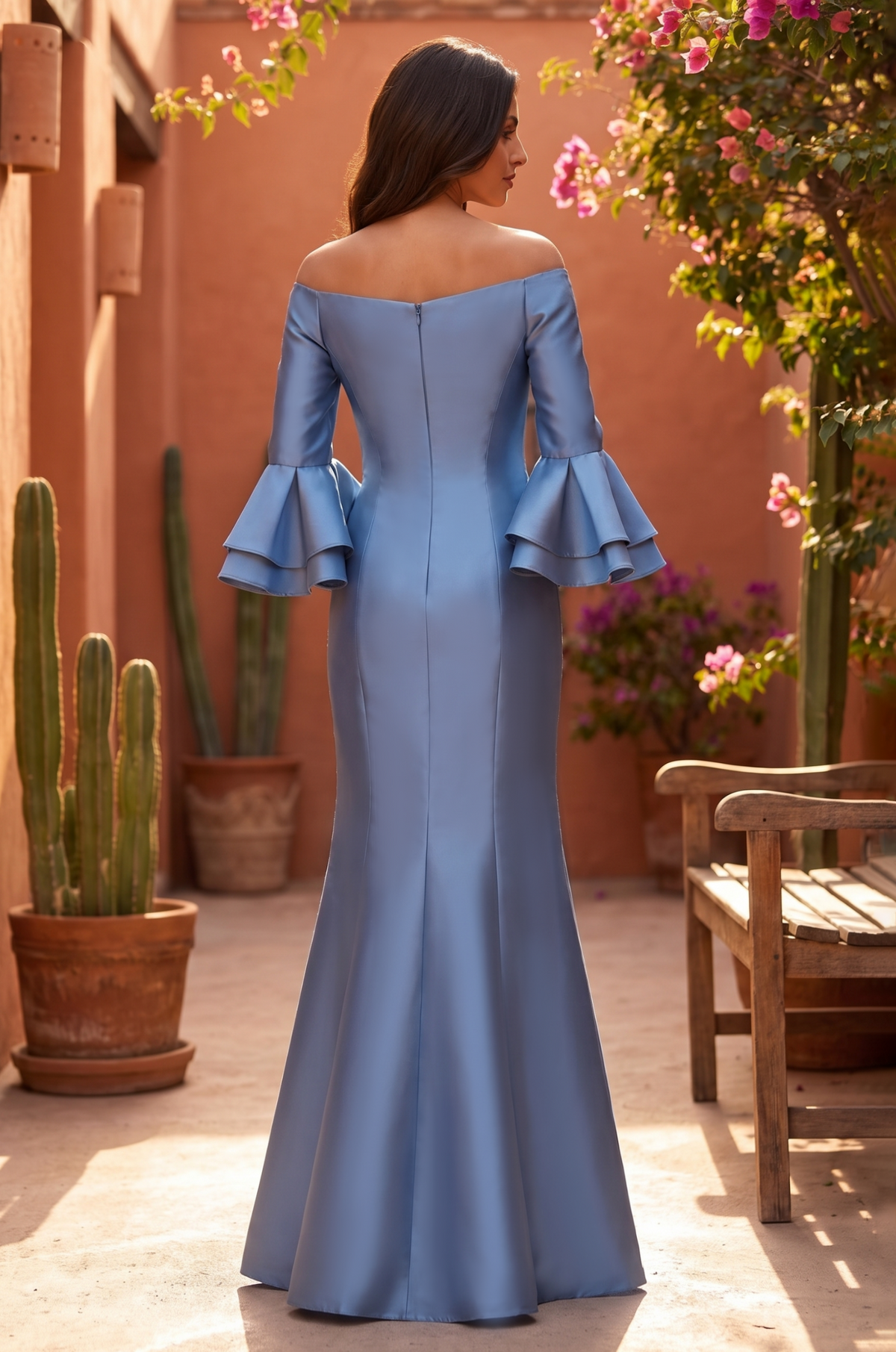 Formal Dress Bell Sleeve Satin Evening Gown – Blue