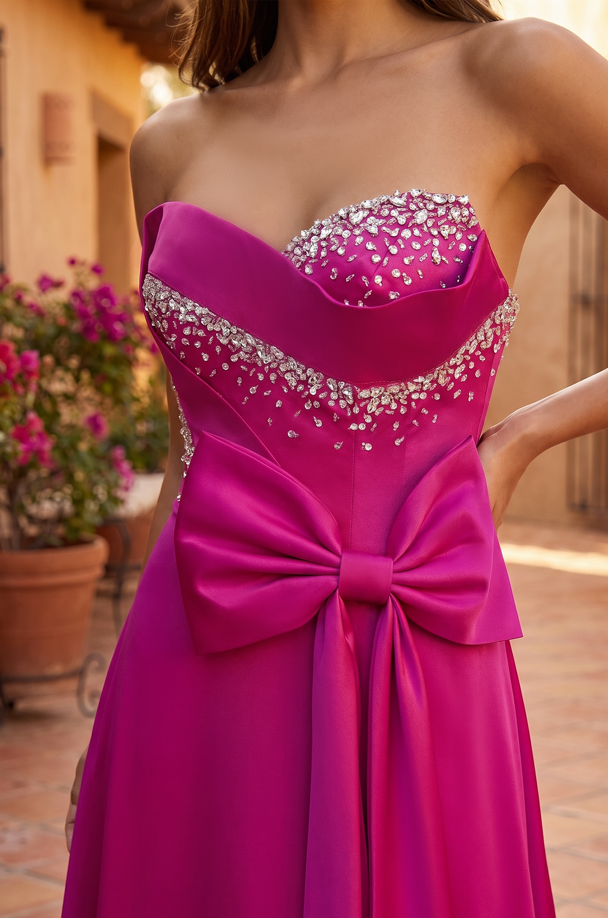 Strapless Sweetheart Bow Gown – Fuchsia