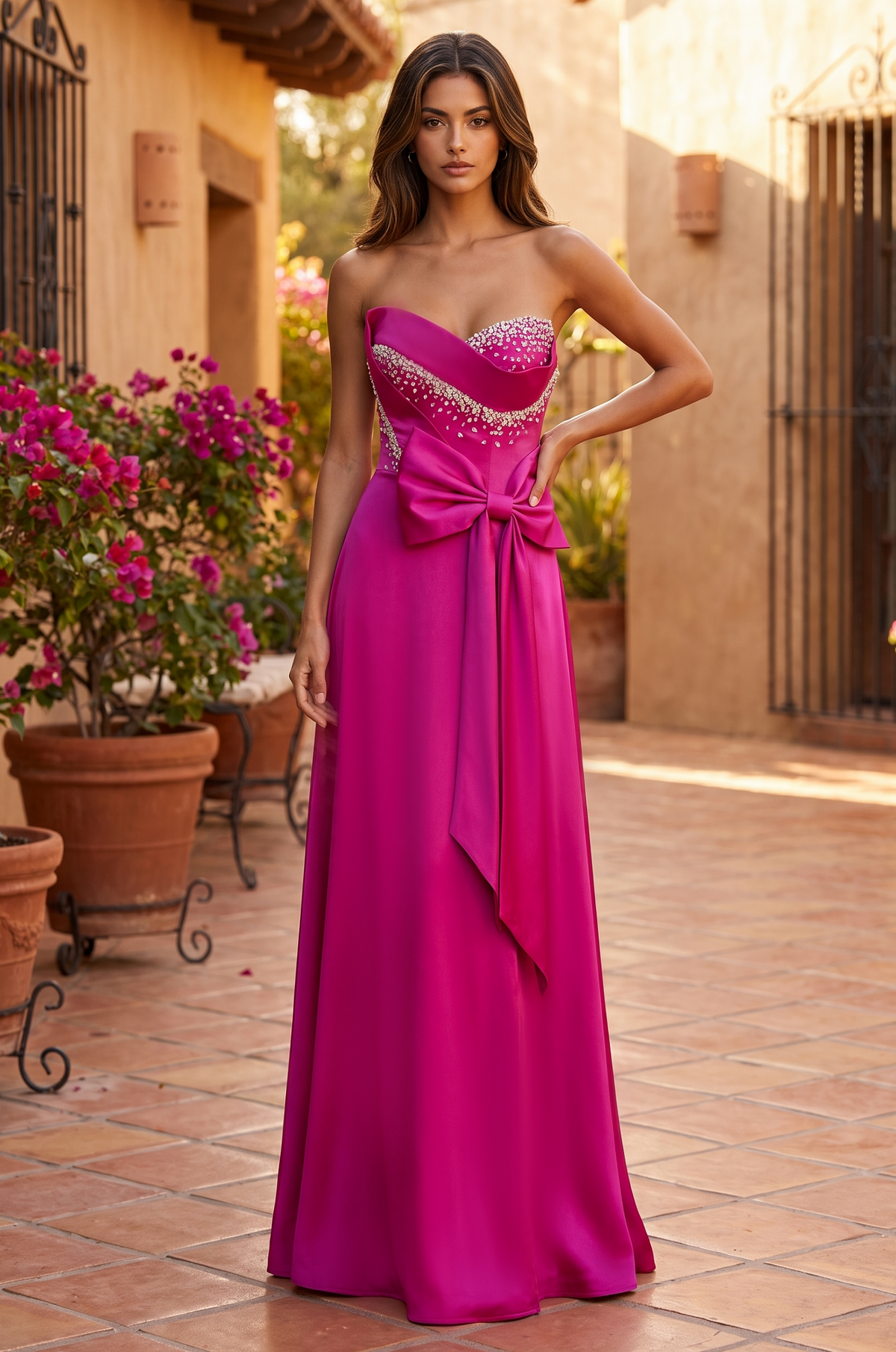 Strapless Sweetheart Bow Gown – Fuchsia