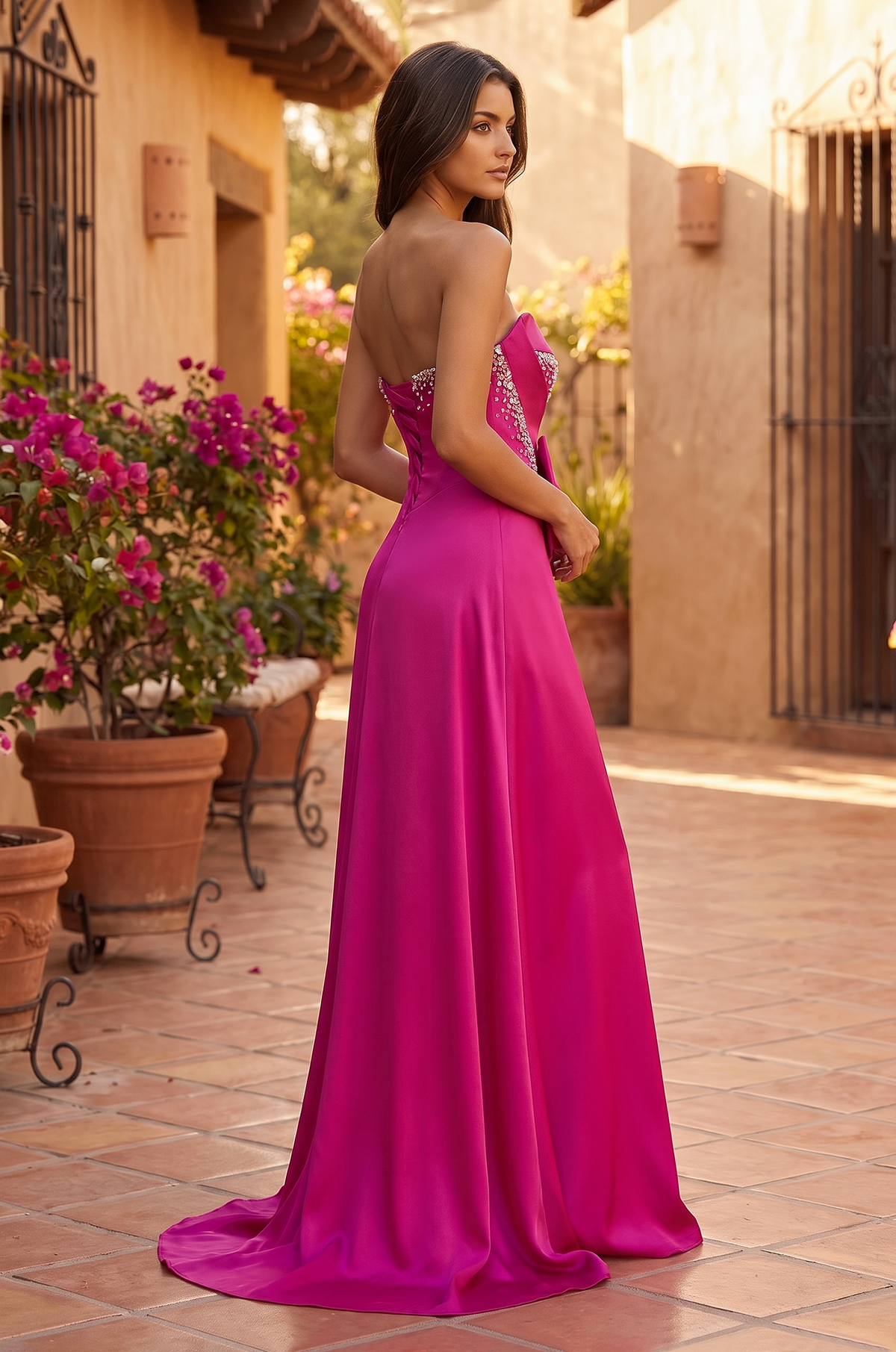Strapless Sweetheart Bow Gown – Fuchsia