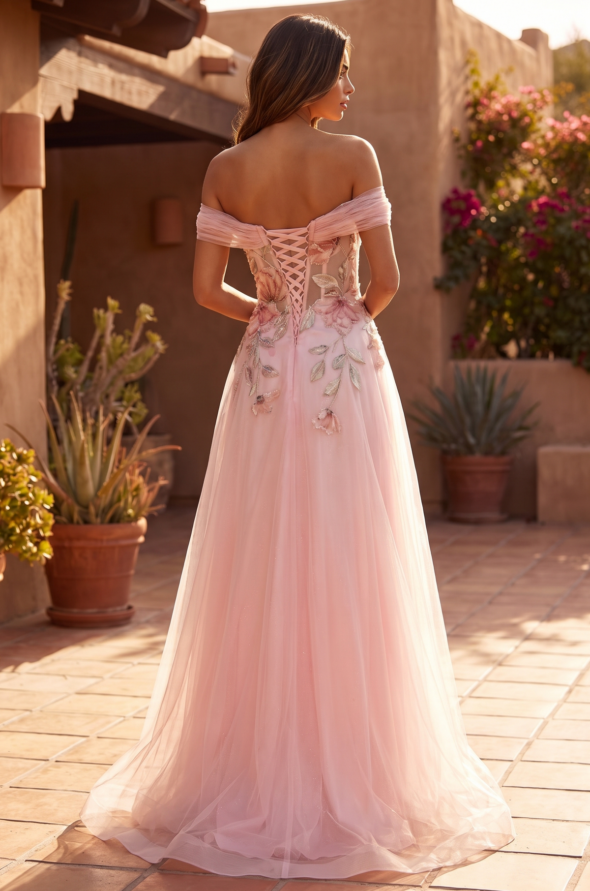 Off-the-Shoulder Floral Applique A-Line Gown – Pink
