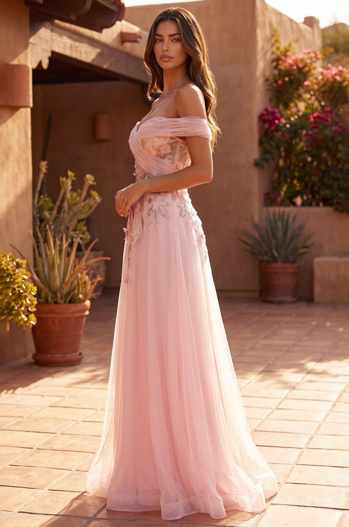 Off-the-Shoulder Floral Applique A-Line Gown – Pink