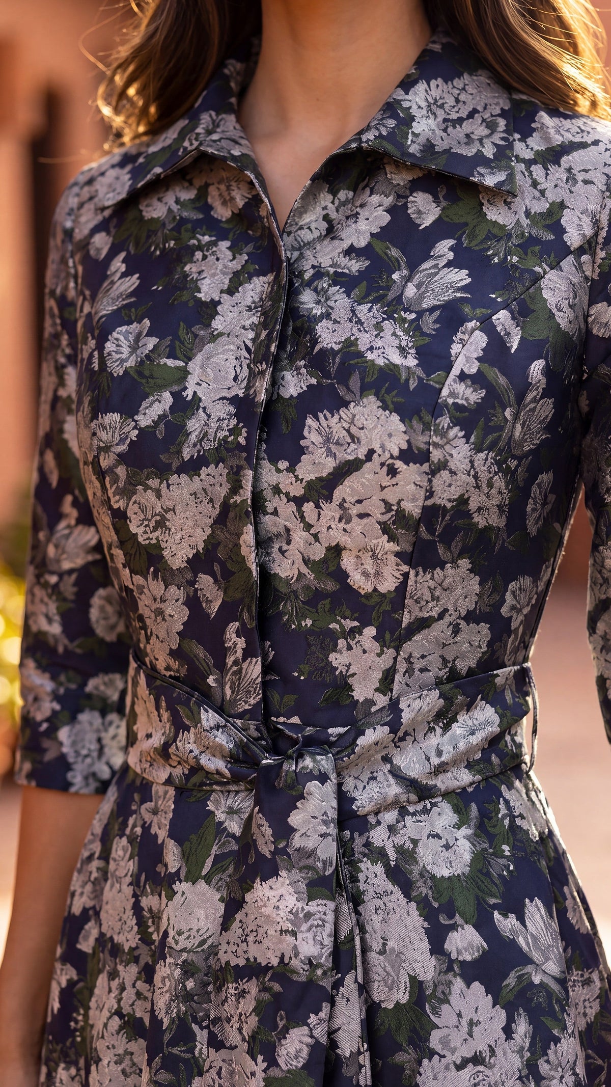Formal Shirt Collar Printed Evening Gown – Navy