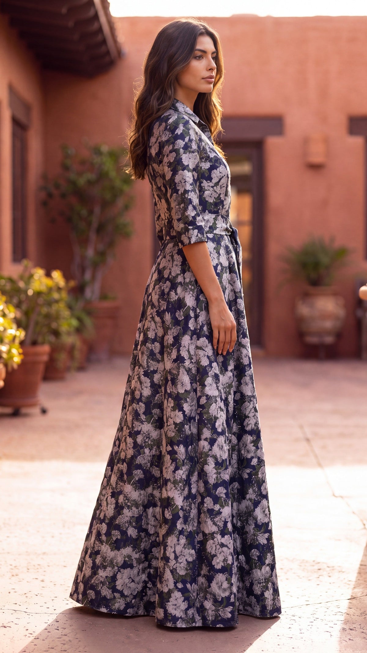 Formal Shirt Collar Printed Evening Gown – Navy