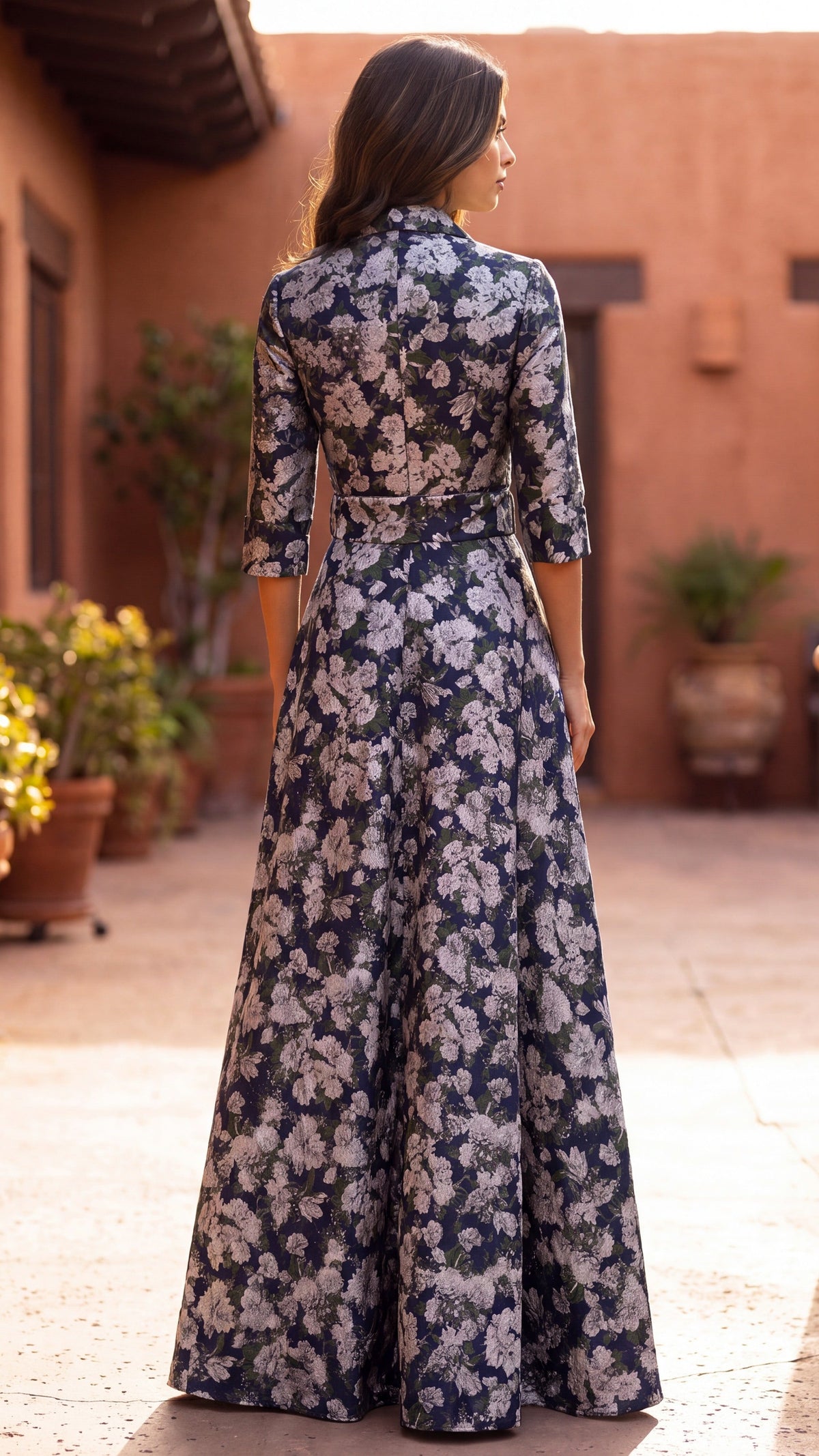 Formal Shirt Collar Printed Evening Gown – Navy