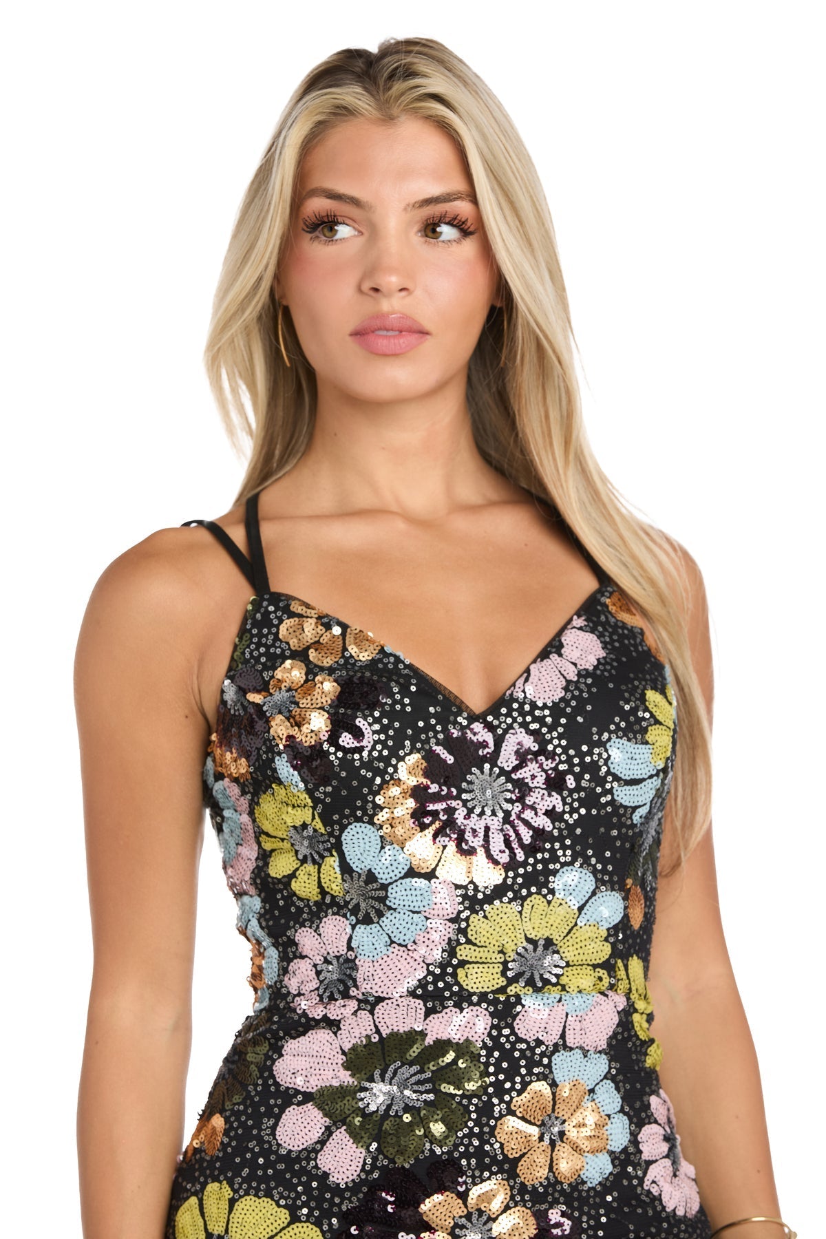 Prom Dresses Fitted Long Formal Floral Sequin Prom Dress Black/Multi