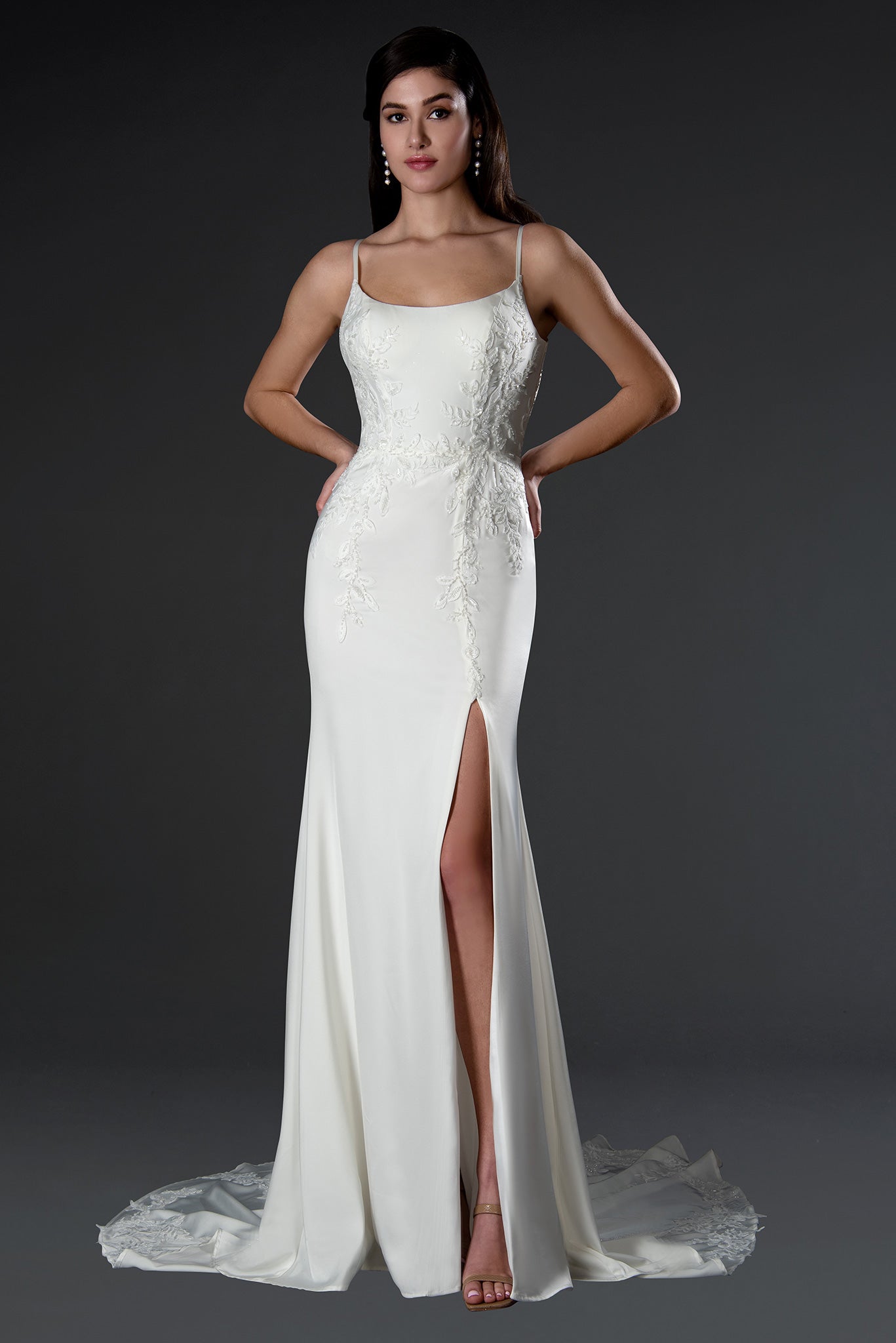 Wedding Dresses Long Floral Slit Wedding Dress Off White