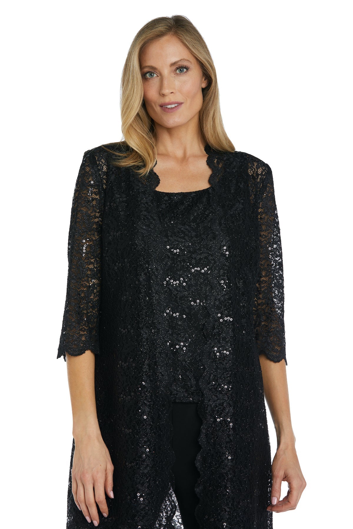 Pant Suit Long Formal Metallic Lace Pant Suit Black
