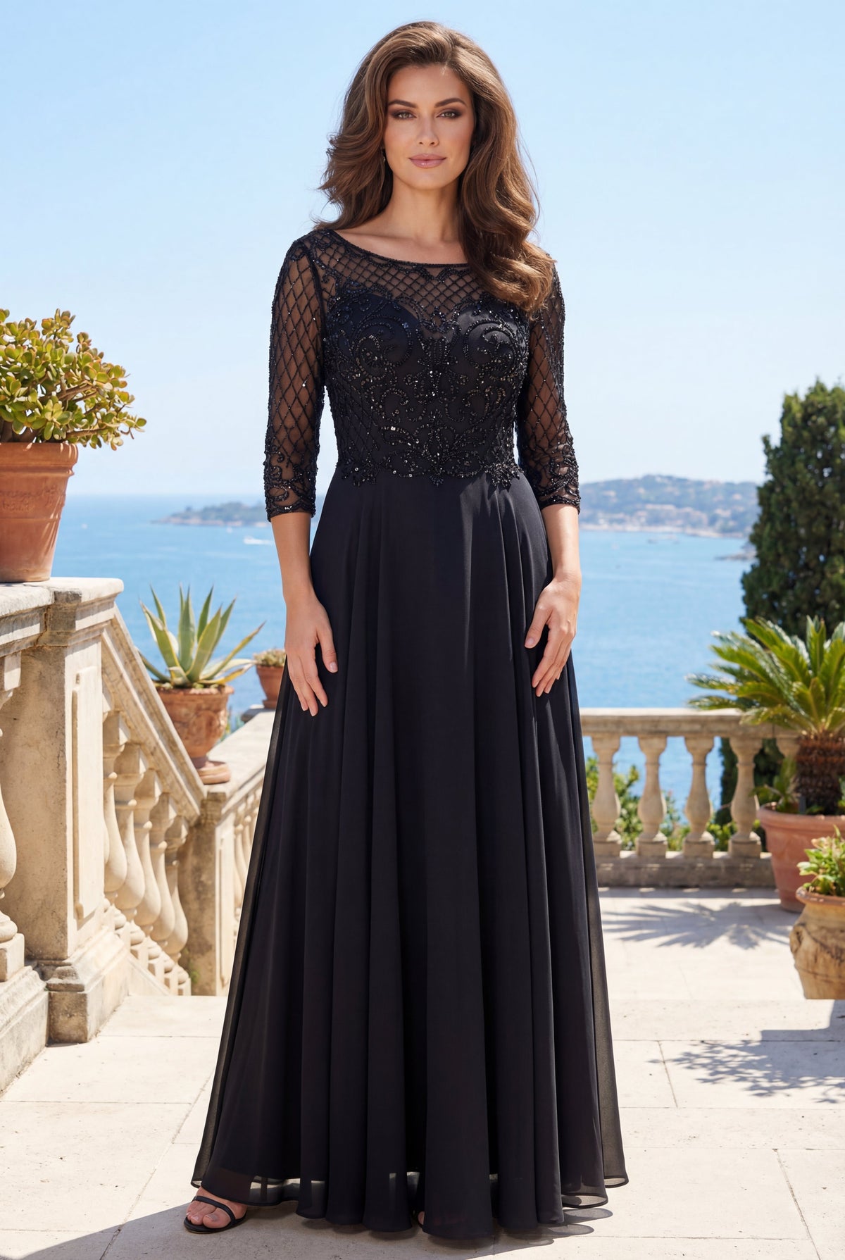 Hand Beaded Long Sleeve Mother of the Bride Dress – Charcoal