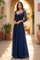 Beaded Floral V-Neck Long Sleeve A-Line Dress – Navy