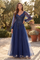 Navy Beaded V-Neck Long Sleeve Formal Evening Gown