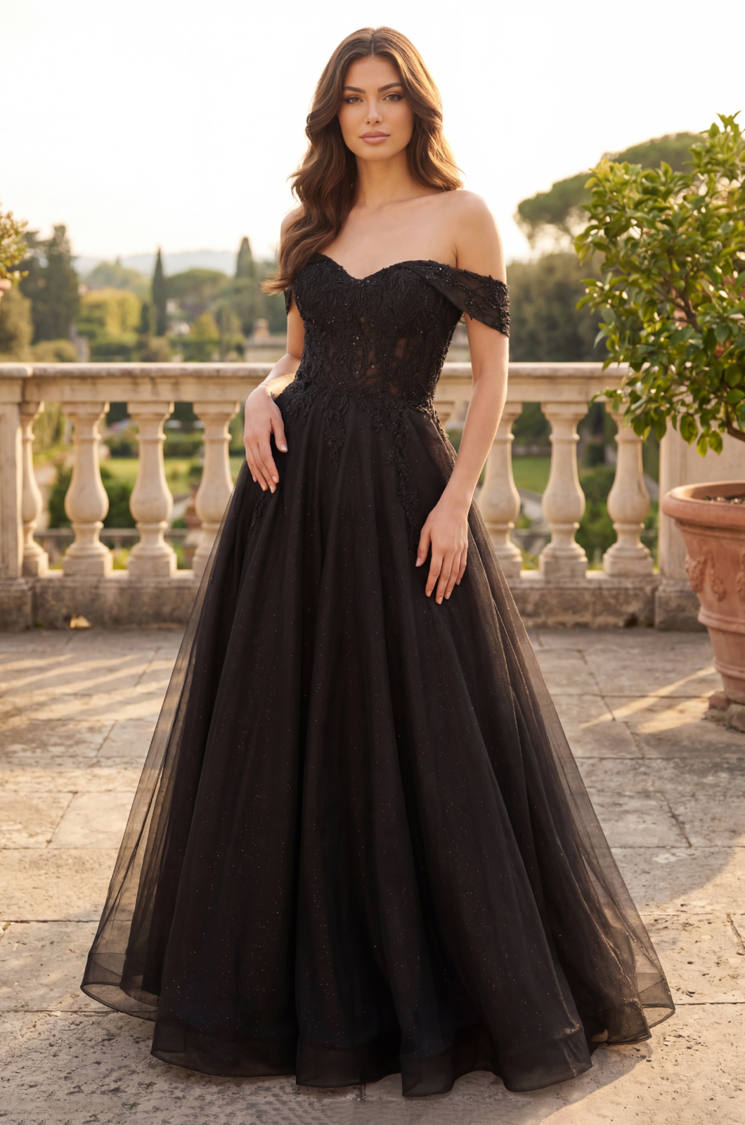 Long Off-the-Shoulder Corset Formal Dress – Black/Nude