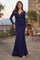 Fitted V-Neck Long Sleeve Floor-Length Sequin Prom Dress with High Slit – Navy