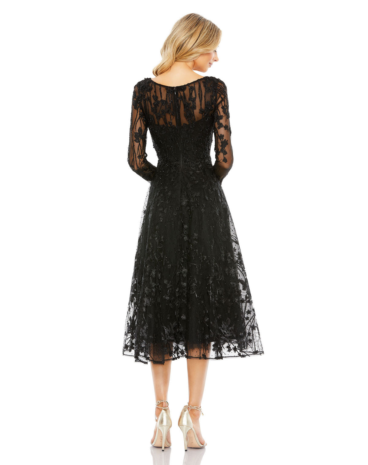 Cocktail Dresses Long Sleeve Cocktail Floral Beaded Short Midi Dress Black