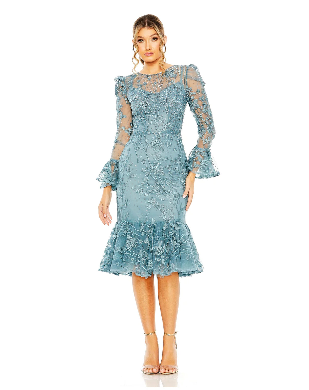 Cocktail Dresses Ruffle Wrist Embellished High Neck Midi Dress Ocean Blue