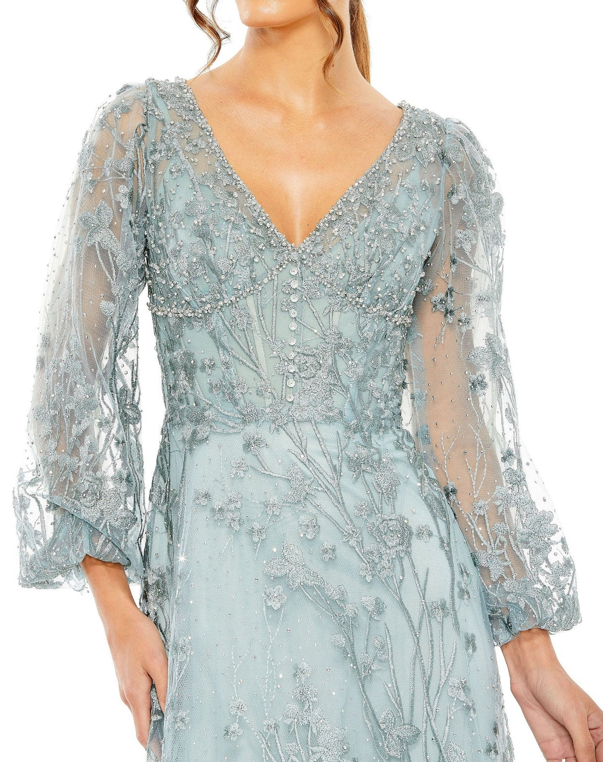 Formal Dresses Formal Dresses Long Puff Sleeve Tea Length Dress Seafoam