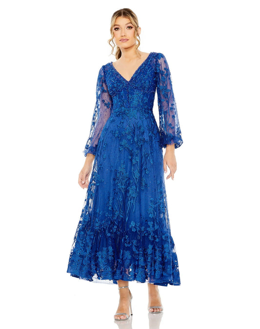 Formal Dresses Long Puff Sleeve Tea Length Dress Royal