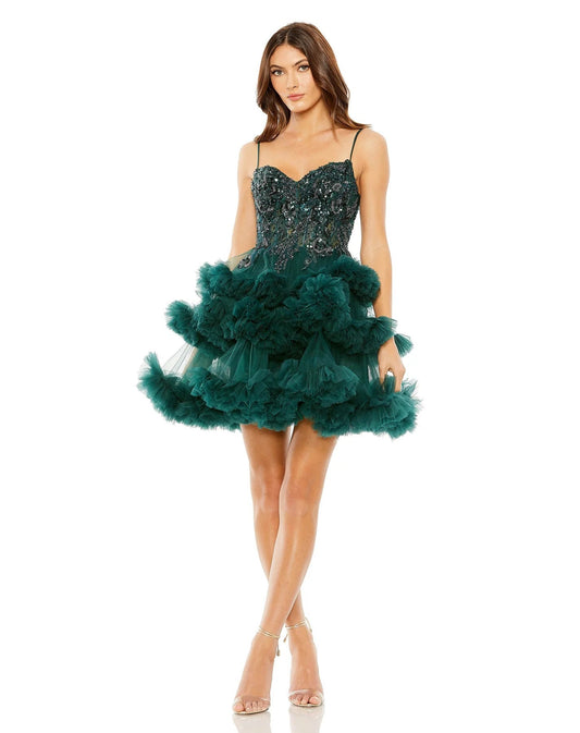 Cocktail Dresses Thin Strap Beaded Bodice Tiered Tulle Short Dress Hunter Green