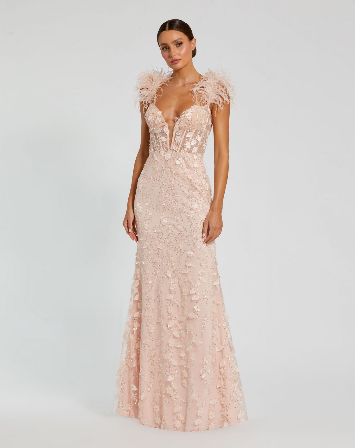 Prom Dresses Long Fitted Feather Straps Prom Dress Peach
