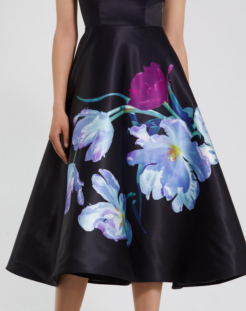 Cocktail Dresses A Line Floral Print Cocktail Midi Dress Black Multi