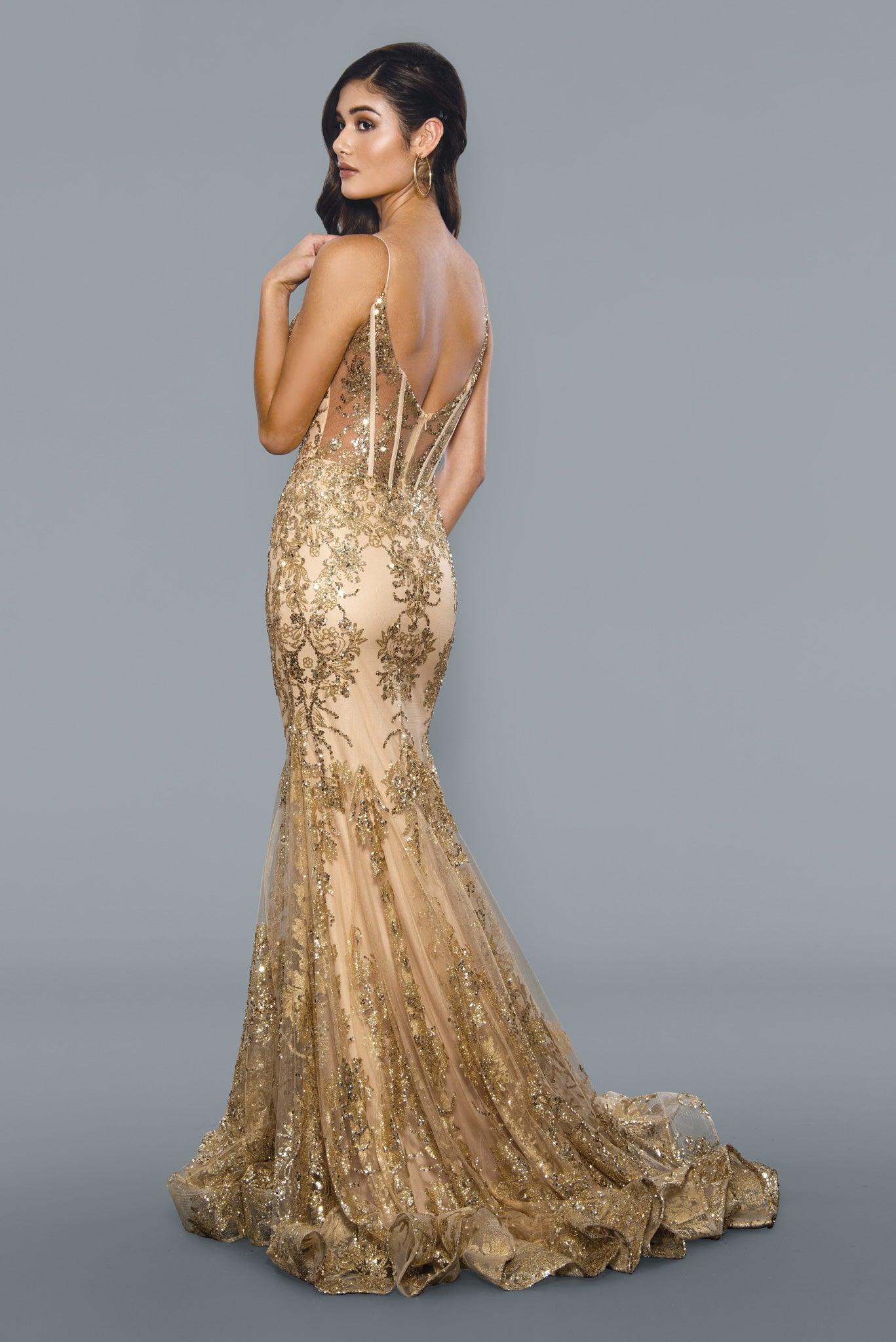 Long Sparkling Evening Gown Gold Back