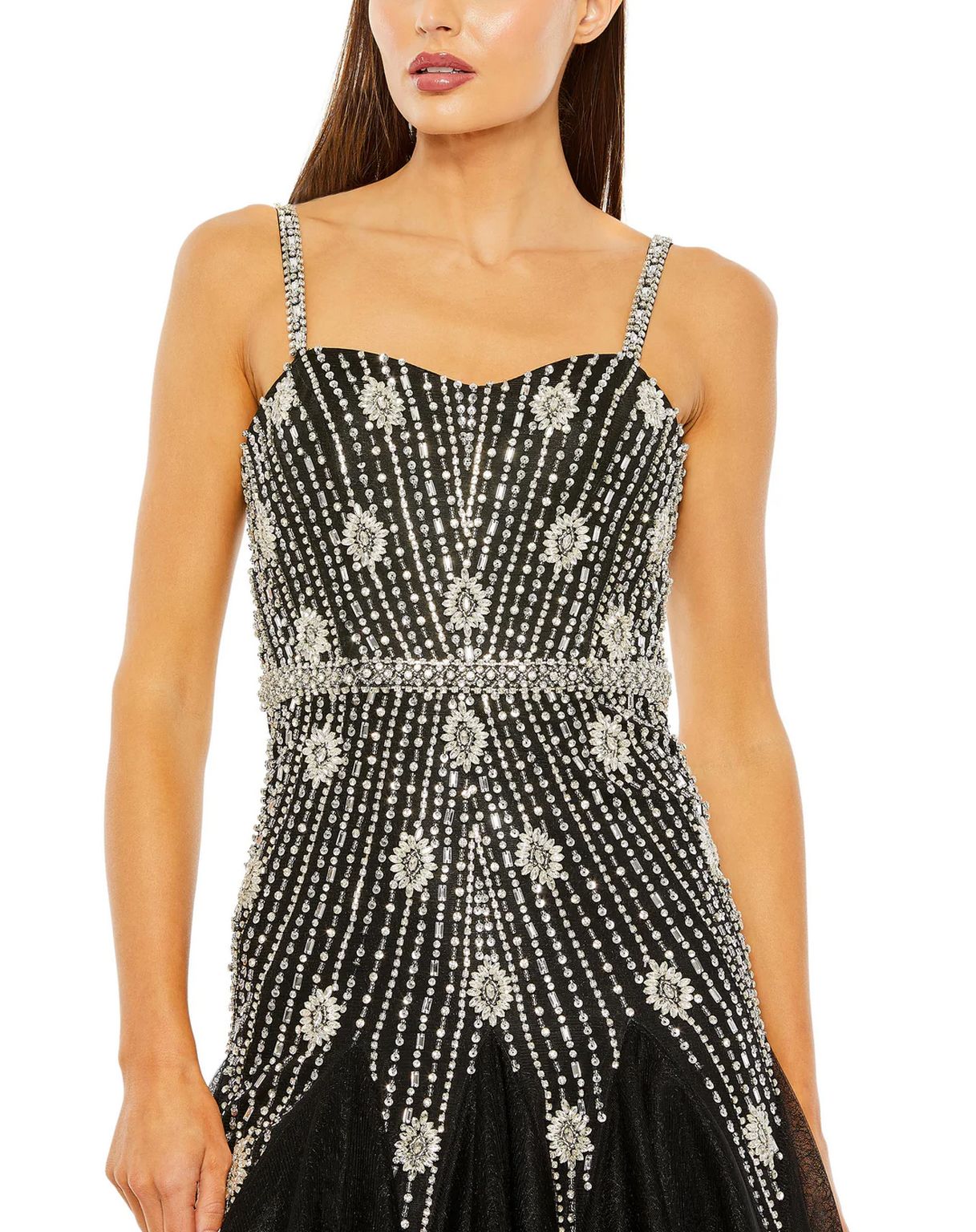 Formal Dresses Long Slim Strap Embellished Bustier Dress Black Silver