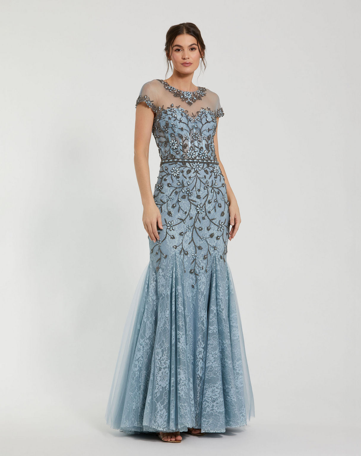 Formal Dresses Long Floral Beaded Mermaid Formal Prom Dress Slate Blue