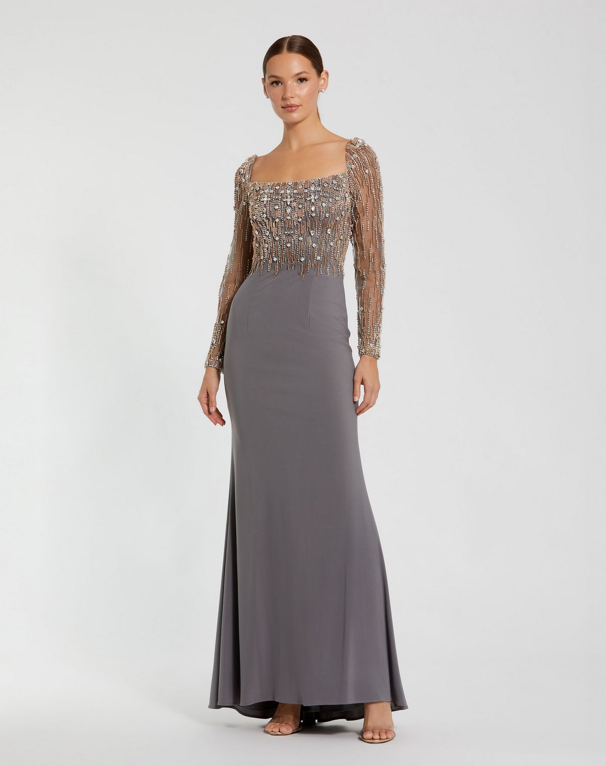 Formal Dresses Long Sleeve Beaded Formal Prom Dress Platinum Gold