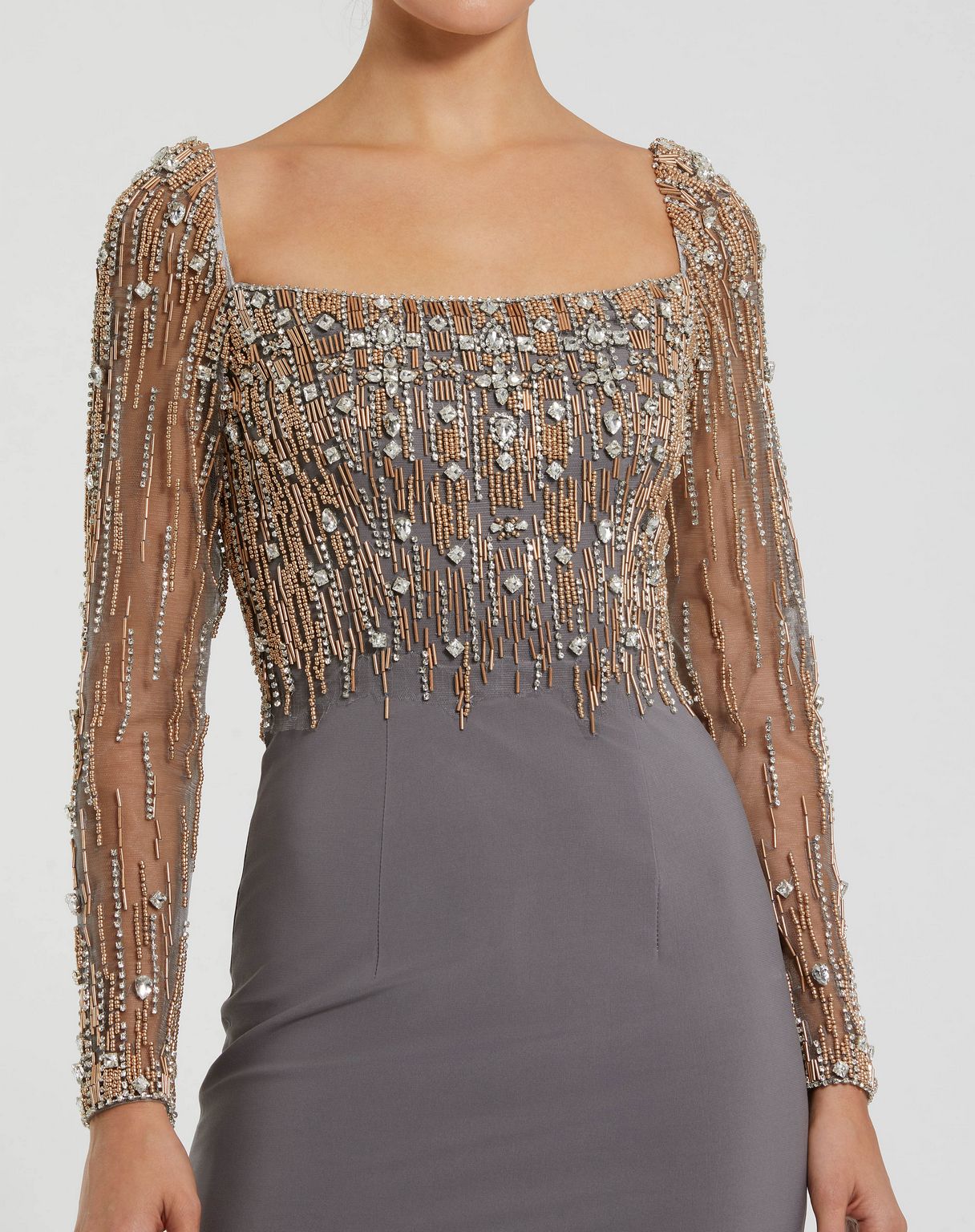 Formal Dresses Long Sleeve Beaded Formal Prom Dress Platinum Gold