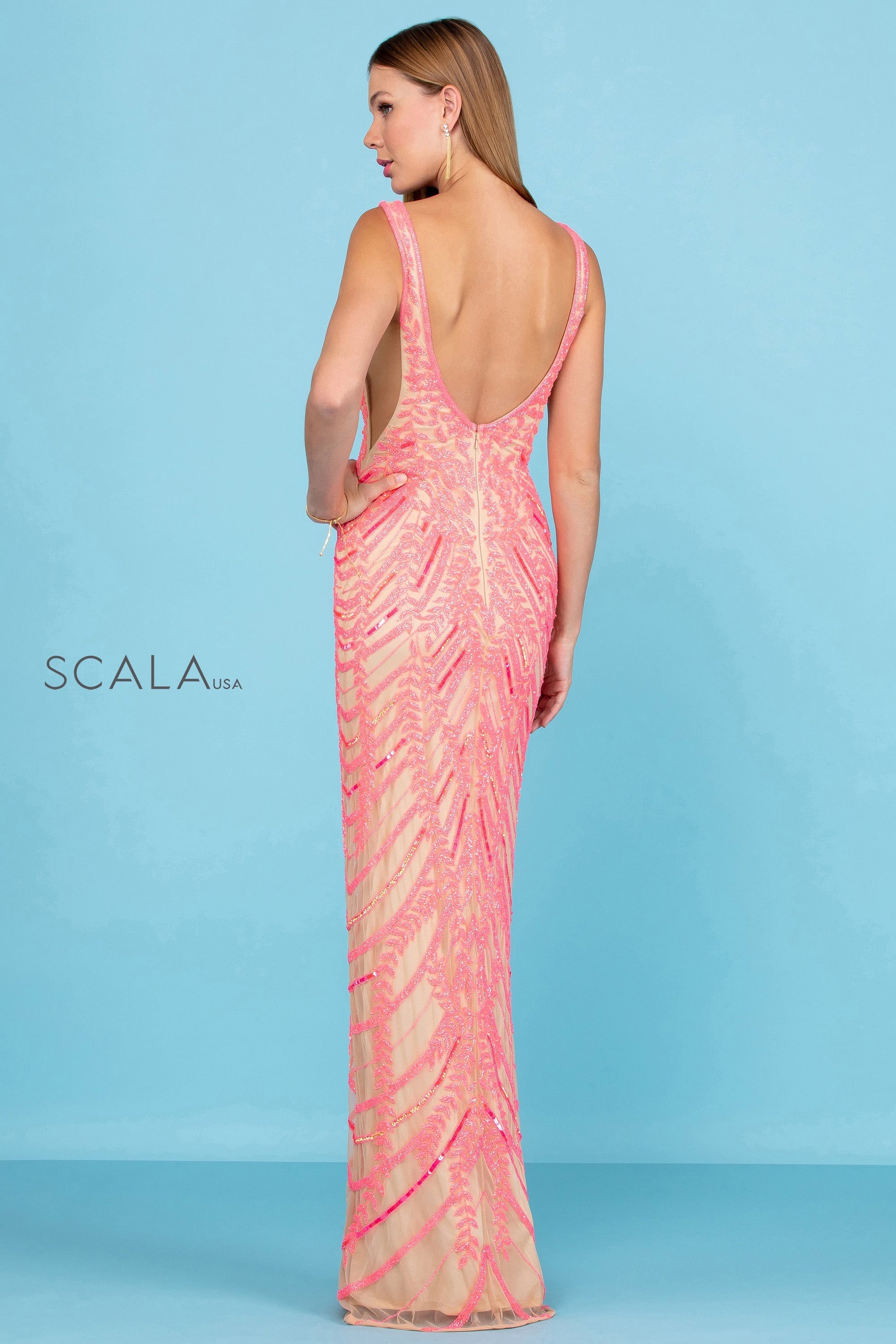 Prom Dresses Long Slit Formal Prom Sequin Dress Hotpink Nude
