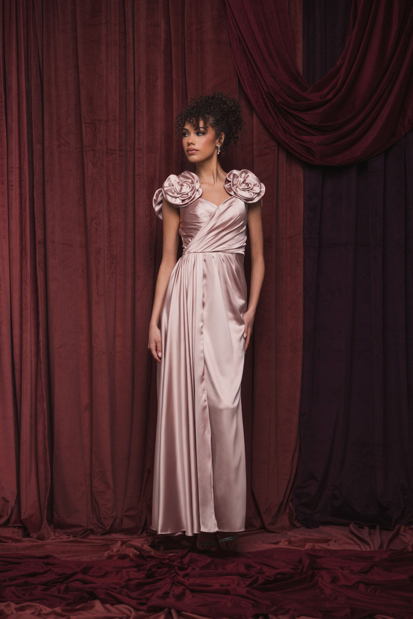 Formal Dresses 3D Floral Long Formal Evening Pleated Dress Rose