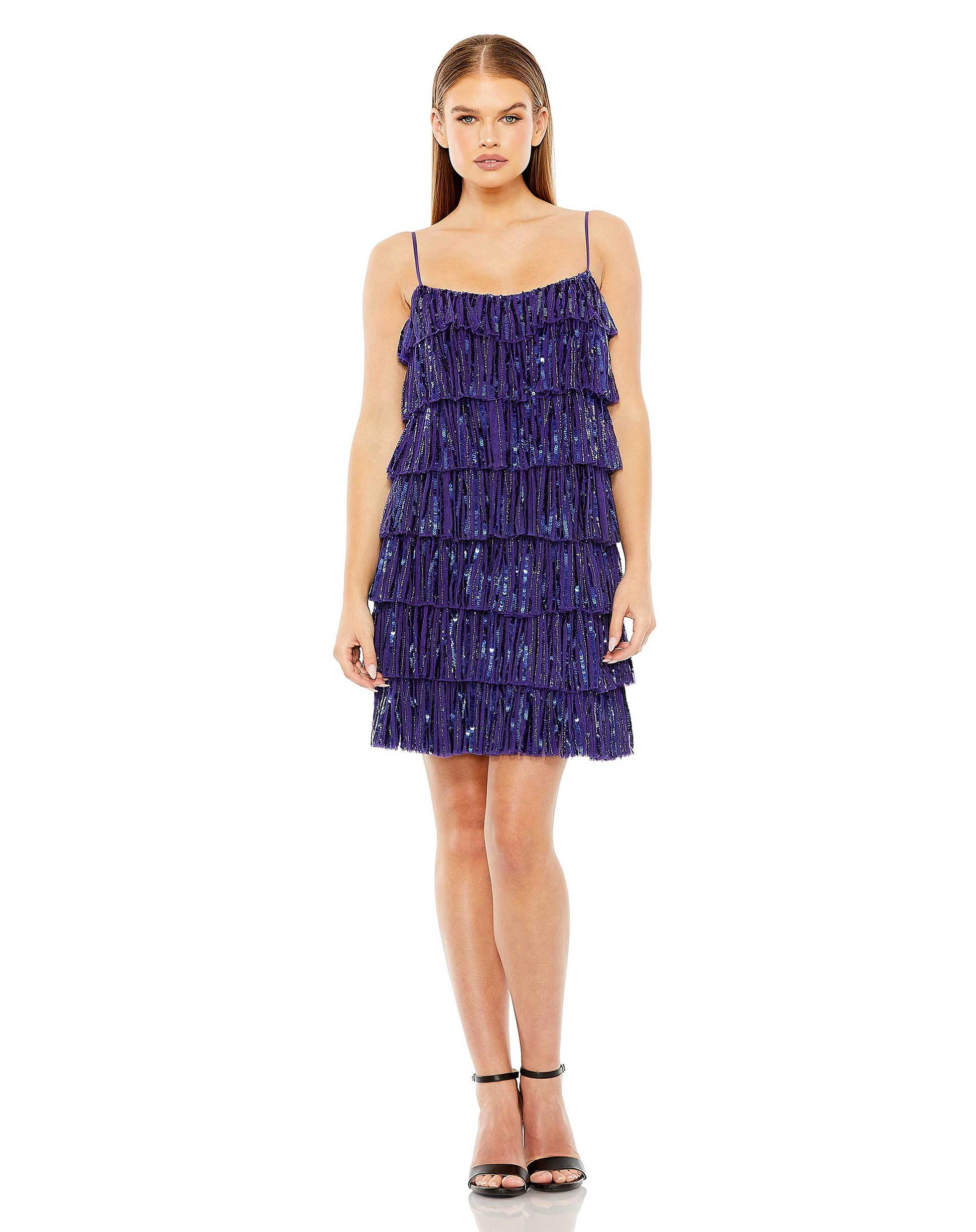 Cocktail Dresses Beaded Strap Sequin Ruffle Short Dress Cobalt