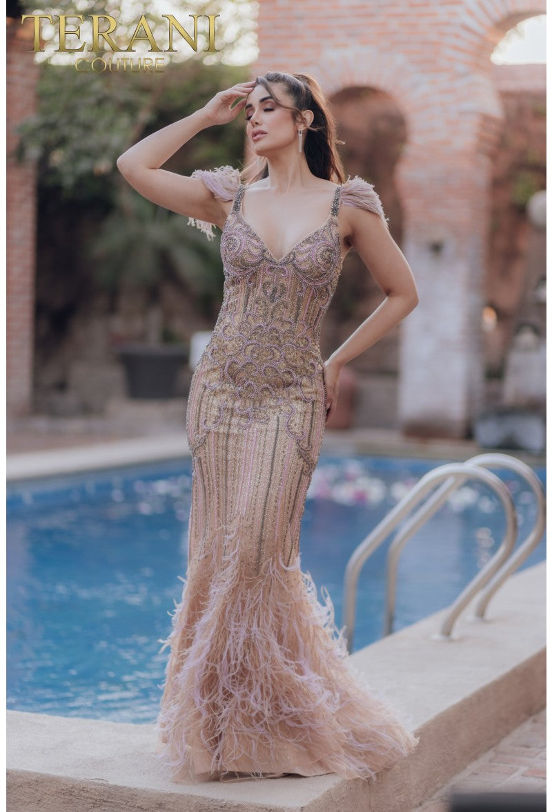 Prom Dresses Long Beaded Formal Prom Feather Dress Taupe Lavender
