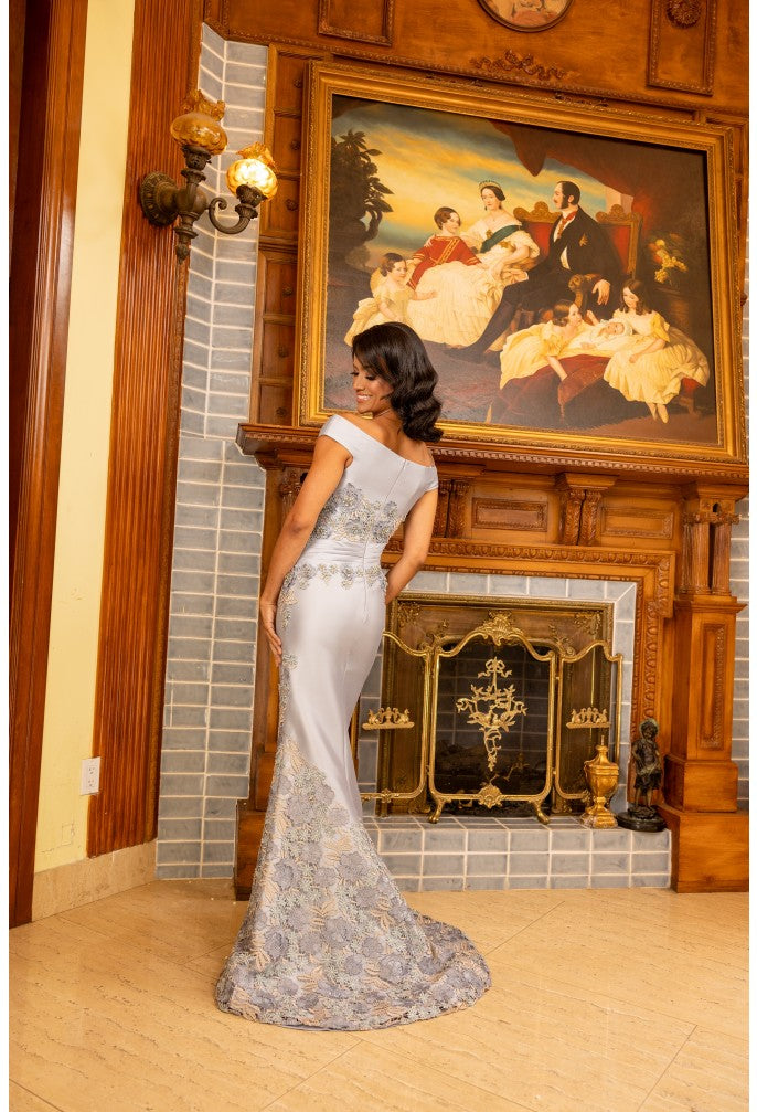 Prom Dresses Floral Long Mermaid Long Formal Prom Dress Denim Blue