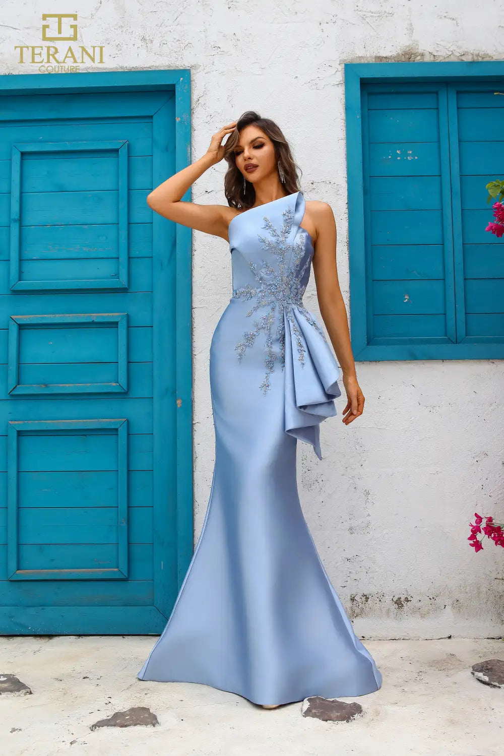 Formal Dresses Beaded Long Floral Lace Applique Formal Evening Dress Slate