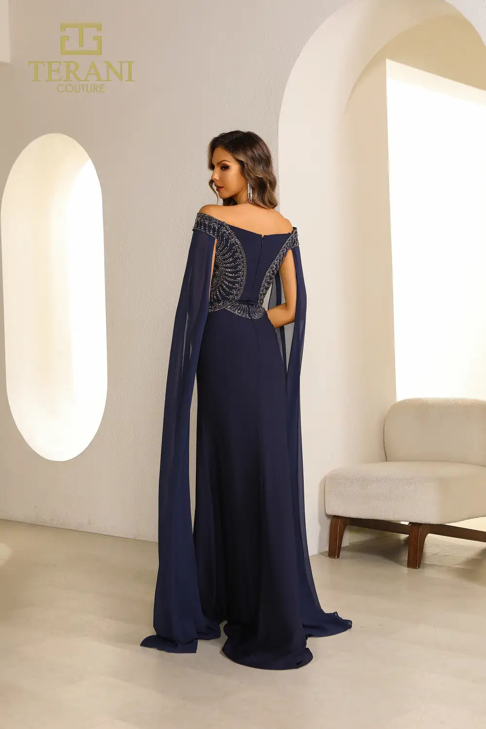 Formal Dresses Beaded Cape Sleeve Long Formal Evening Dress Navy