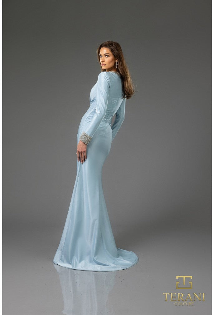 Mother of the Bride Dresses Long Sleeve Formal Metallic Evening Dress  Powder Blue