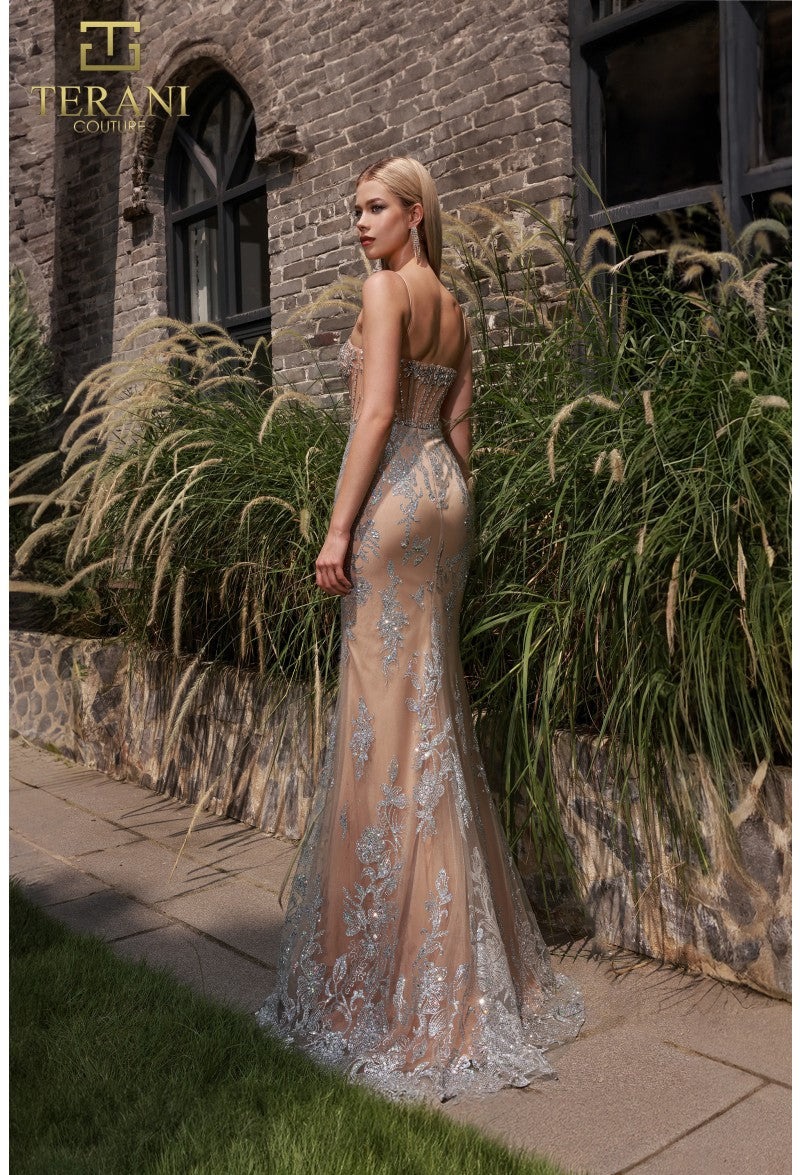 Prom Dresses Long Formal Corset Bodycon Beaded Prom Dress Silver Nude