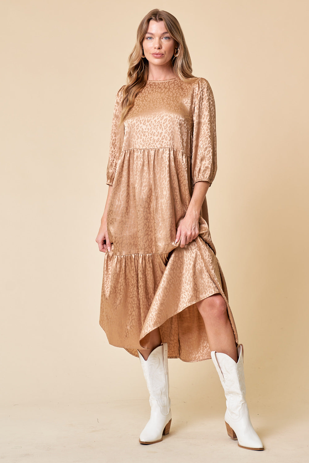 Cocktail Dresses Semi Formal 3/4 Sleeve Tiered Midi Dress Toffee