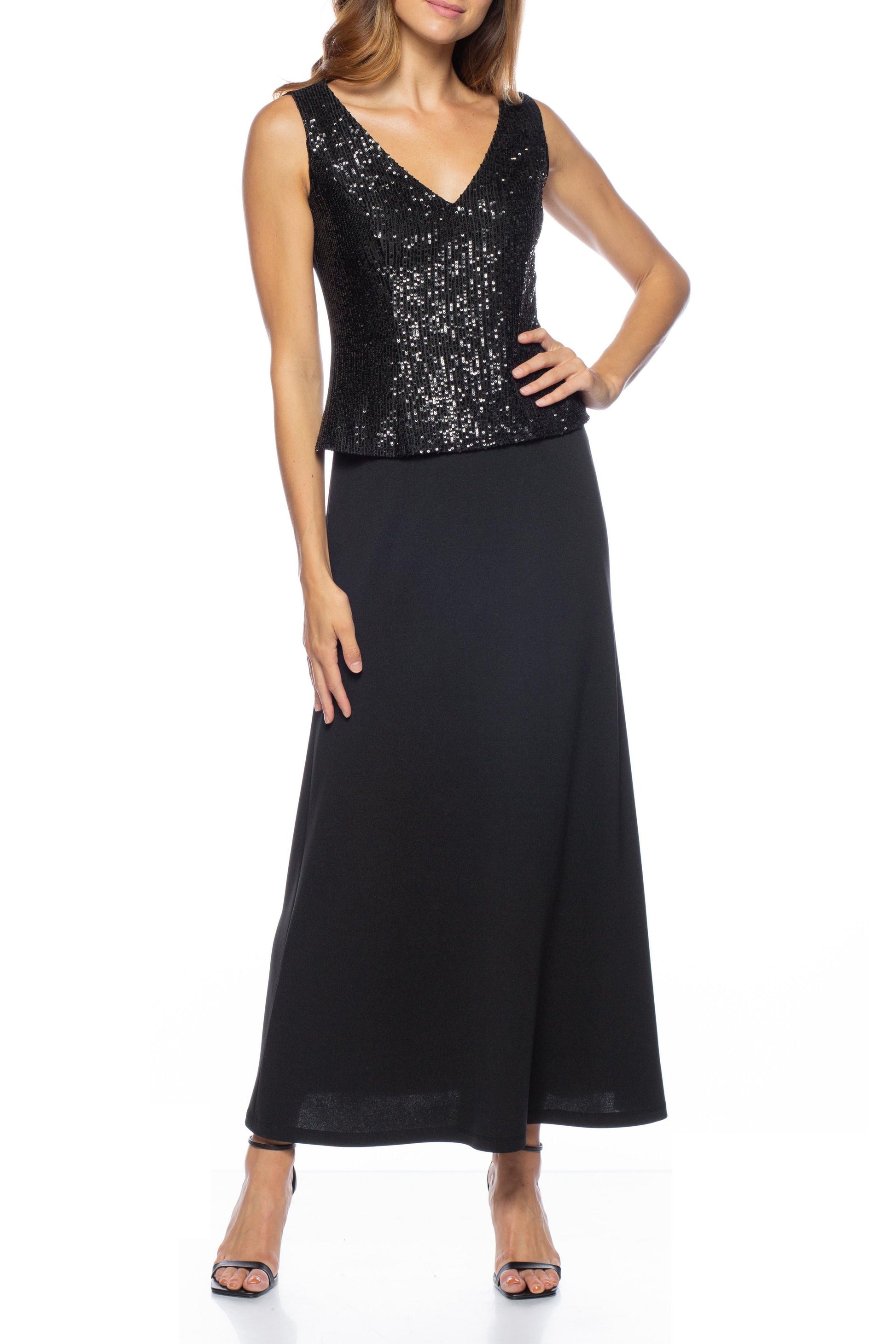 Mother of the Bride Dresses Long V Neck Sequined Dress with Jacket Set Black