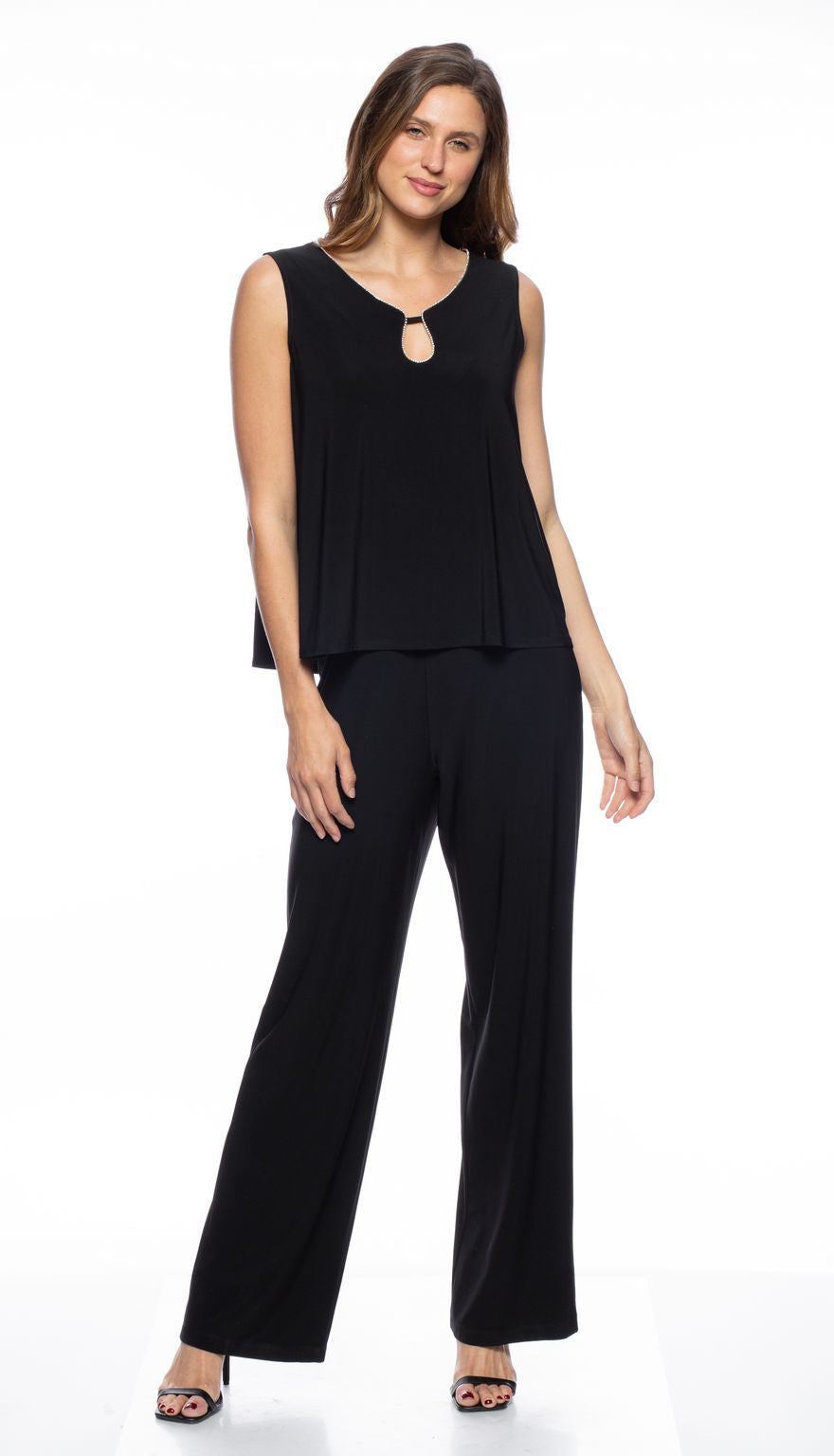 Pant Suit Rhinestone Keyhole Crepe 3 Piece Pant Set Black