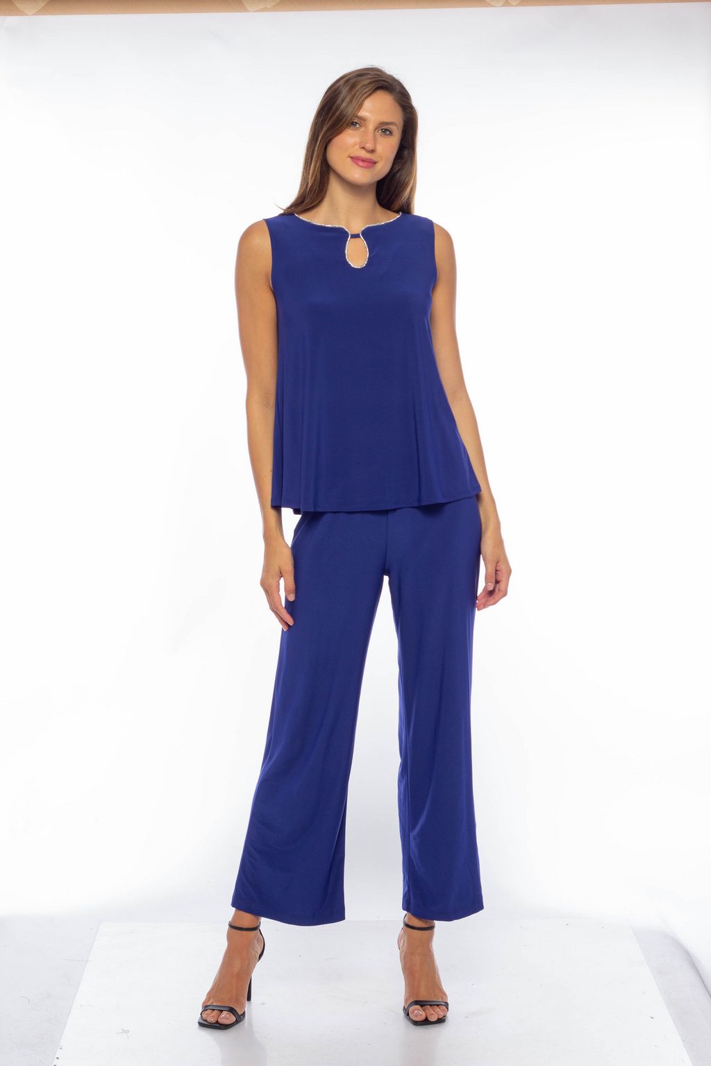 Pant Suit Rhinestone Keyhole Crepe 3 Piece Pant Set Royal