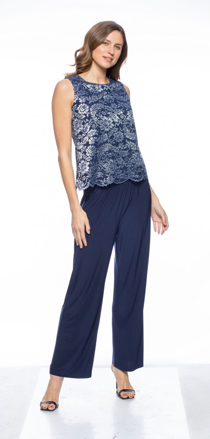 Pant Suit Long Sleeve Lace Jacket Top 3 Piece Pant Set Navy Silver