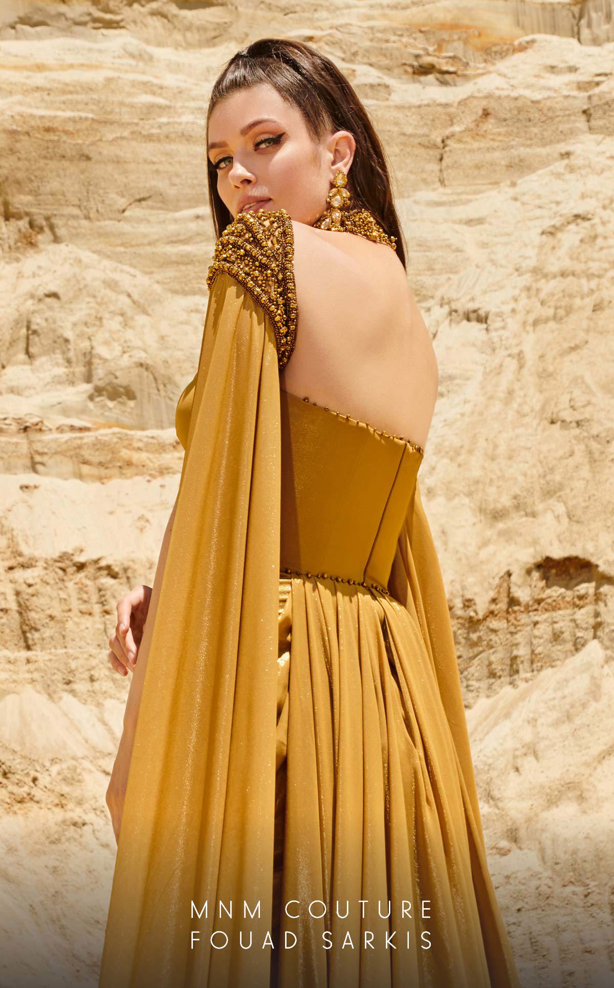 Formal Dresses Fitted Long Metallic Slit Formal Evening Dress  Mustard